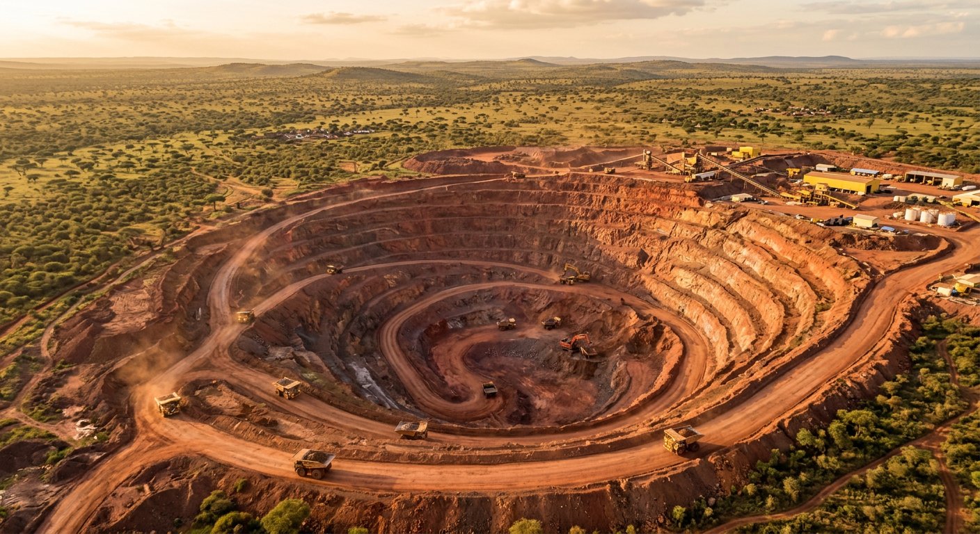 Aerial view of an open-pit gold mine with terraced benches
