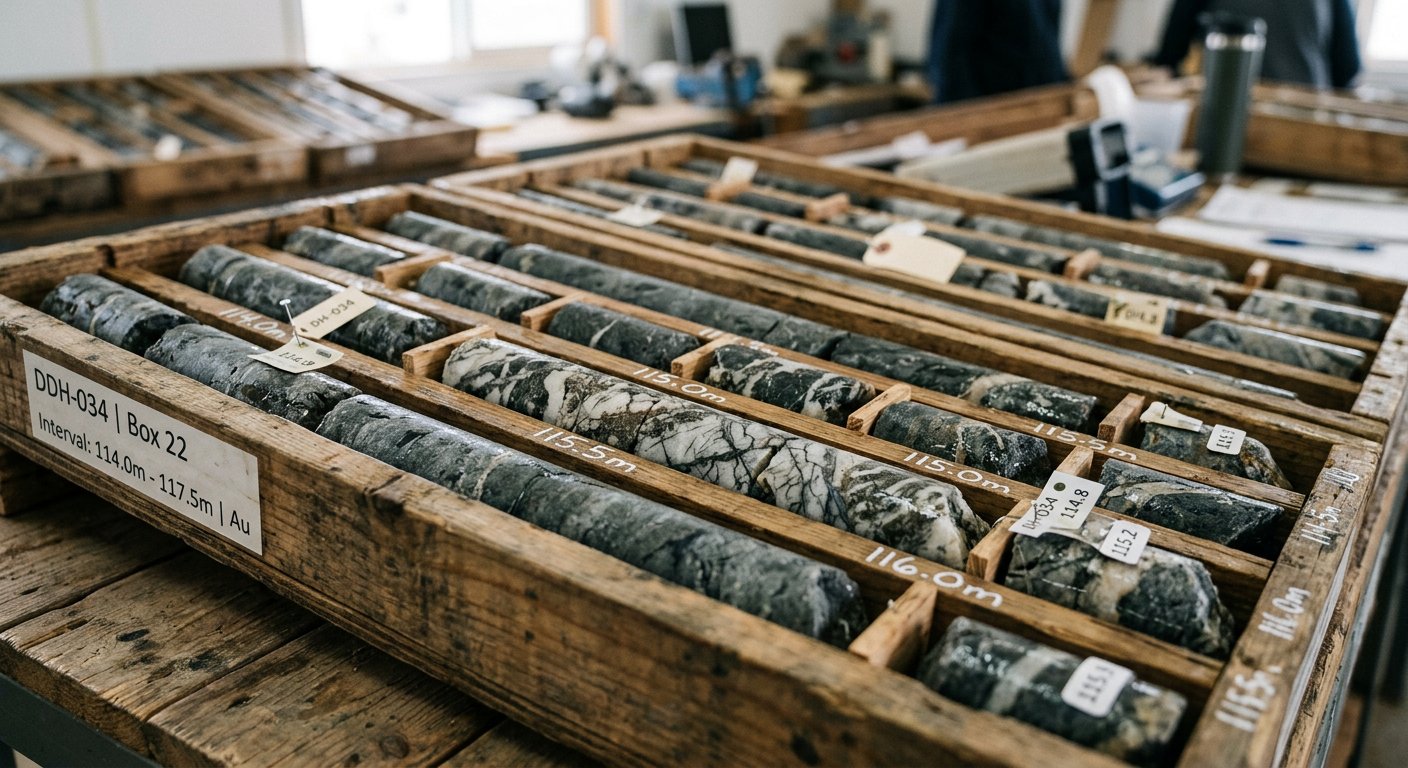 Core trays filled with cylindrical rock core samples from gold exploration drilling