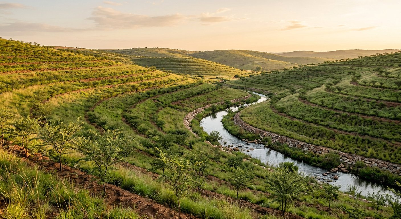 Rehabilitated former mining ground replanted with young trees and a clean water channel